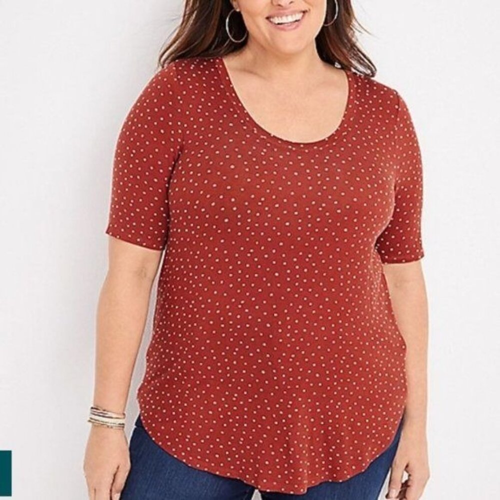 NWT Maurices Casual Rust Polka Dot Short Sleeve Top Blouse Soft and Stretchy- XL